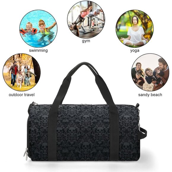 Gothic Skull Sport Gym Duffle Travel Bag Water Resistant Shoe Compartment - Picture 4 of 7